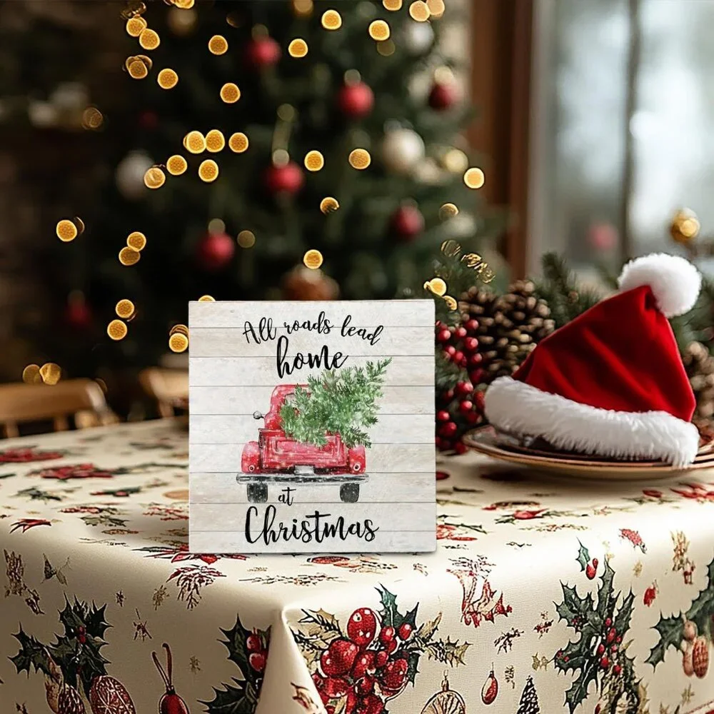 Elegant 5x5 Farmhouse Christmas Sign - Red Truck Decor for Home & Office